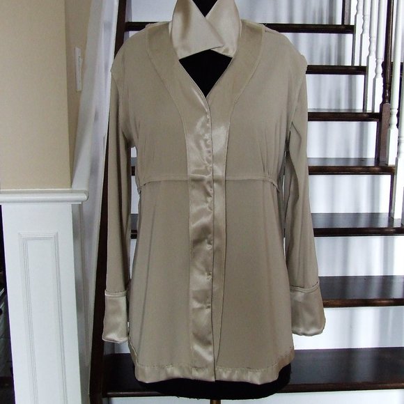 Beige Gold Satin Stretching Blouse Tunic Formal Maternity Top L - Picture 5 of 7